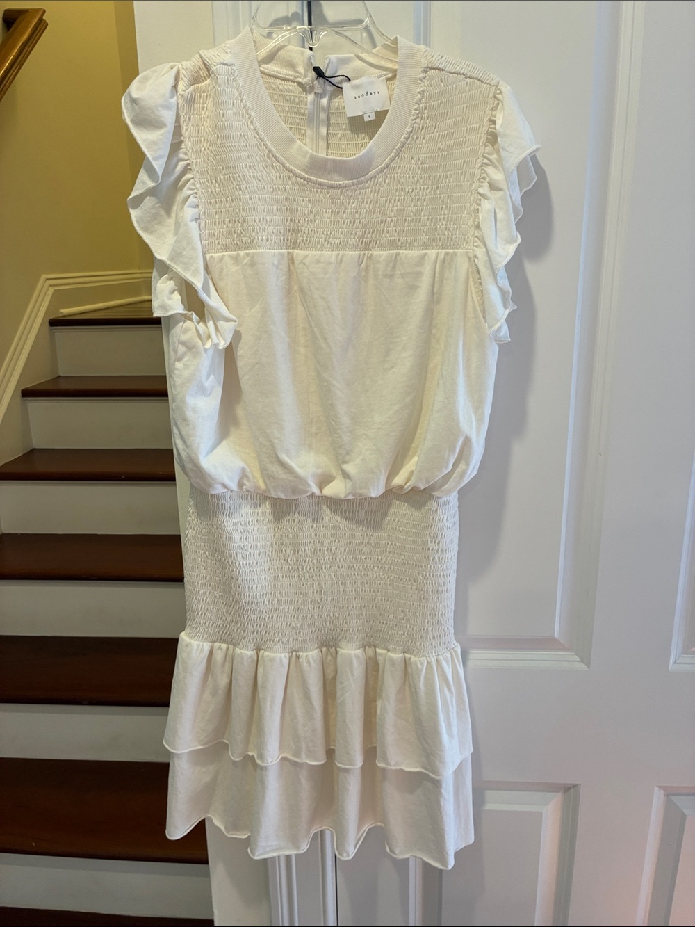 Sundays Cream Smocked Ruffle Dress Women’s Sz SM